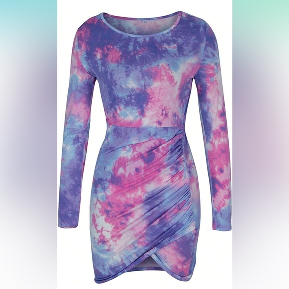 🎀 AUDUE Women's Tie Dye Tulip Hem Bodycon long sleeves mini Dress - Picture 6 of 8